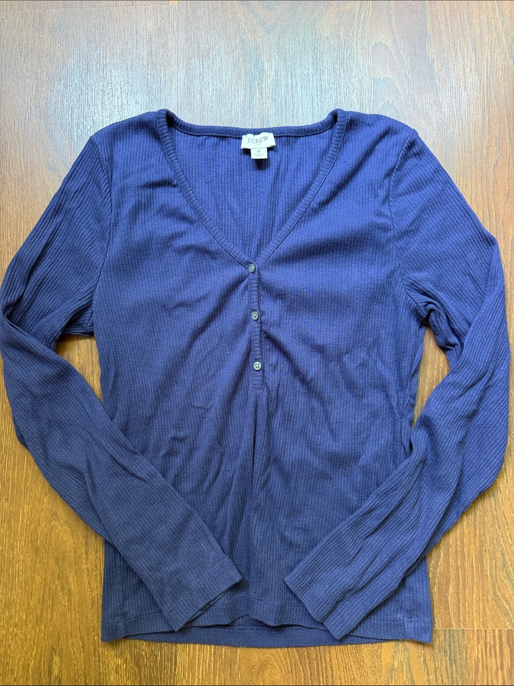 J. Crew Deep Navy Ribbed V-Neck Button-Front Long Sleeve Top